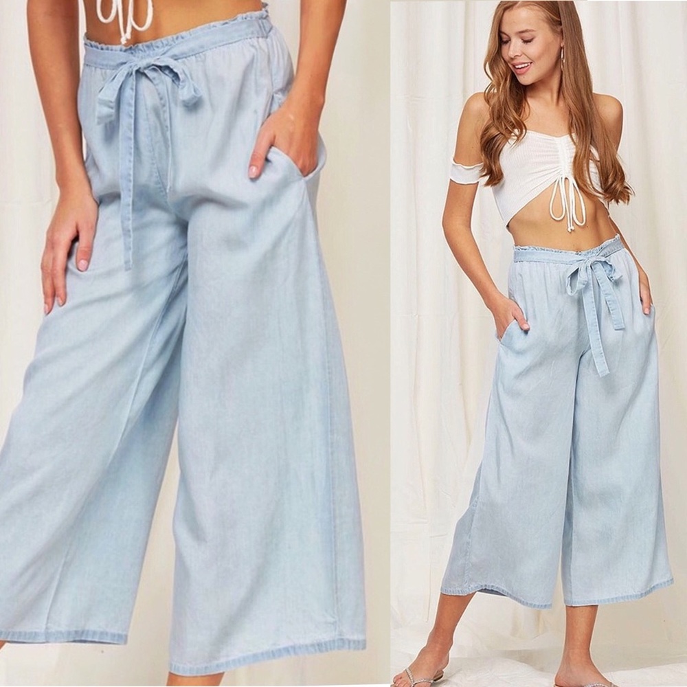 100% Tencel Wide Leg Tie Waist Crop Pant - Picture 3 of 9